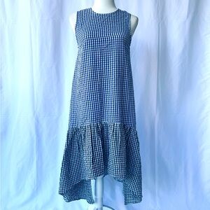 Blue and White Gingham Dress with Ruffled Hem.